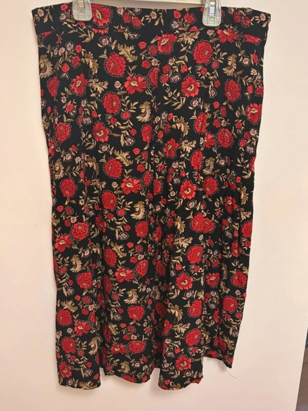 Susan Bristol Black Midi Skirt with Red Floral Print